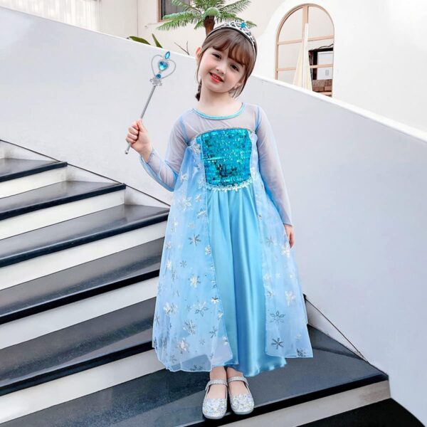 URAQT Elsa Dress, Elsa Princess Costume with Fairy Wand and Crown Tiara, Elsa Anna Dress Up for Girls, Deluxe Girls Fancy Dress for Party Cosplay Bridesmaid Pageant - Image 6