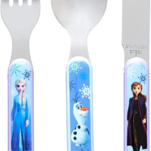 Disney II Frozen 3 Piece Cutlery Set – Metal, Reusable Children's Knife, Fork & Spoon, Kids-Size, Made from Food-Safe Stainless Steel & ABS Plastic – with Elsa, Anna & Olaf – for 12 Months & Up, 18/8
