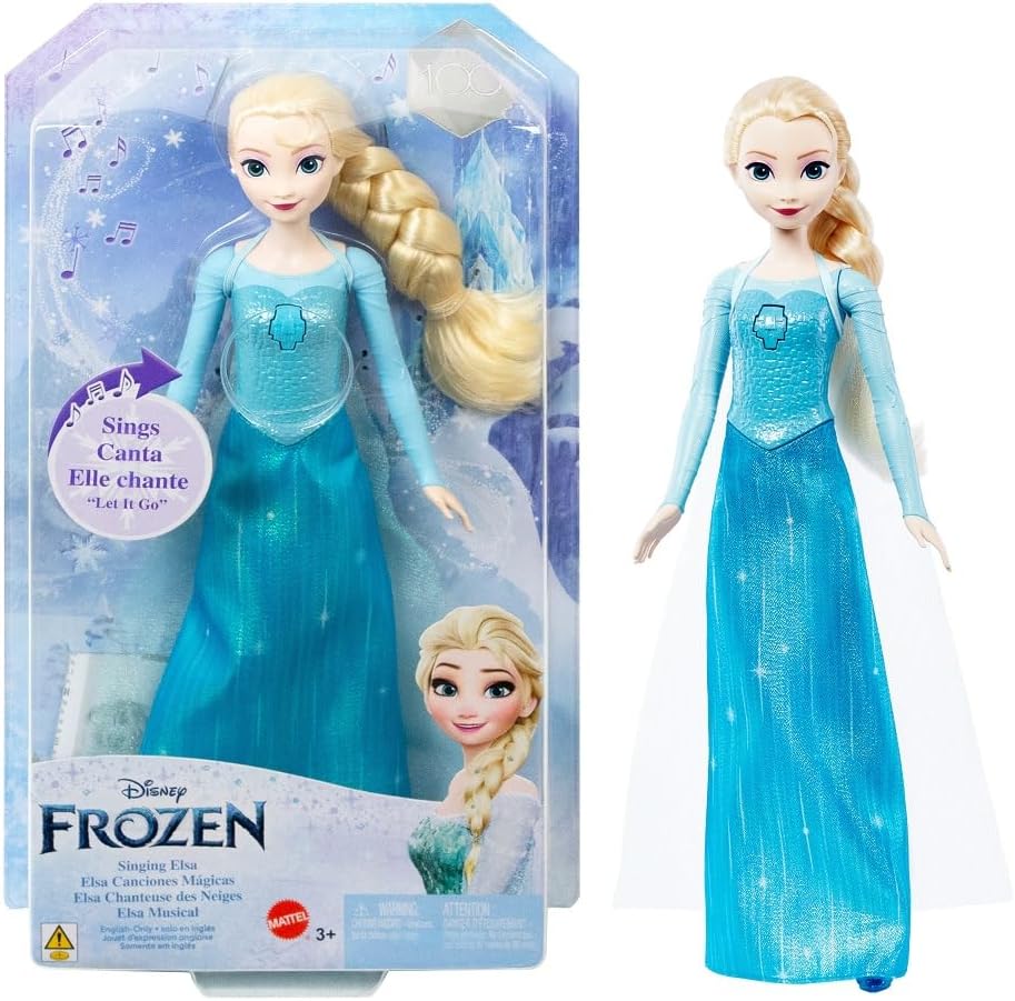 Mattel Disney Frozen Singing Elsa Doll, Frozen Elsa in Signature Clothing, Poseable Doll with Button that Sings "Let It Go" Song, Toys for Ages 3 and Up, English Version, HLW55