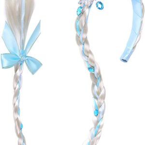 FEIFEI'S BOW Kids Girls Toddlers Blue Frozen Elsa Ponytail Hair Extension Party Hair clips Snowflake Crown Headband Hairband Costume Dress up Braided Wigs (Elsa Snowflake Headband)