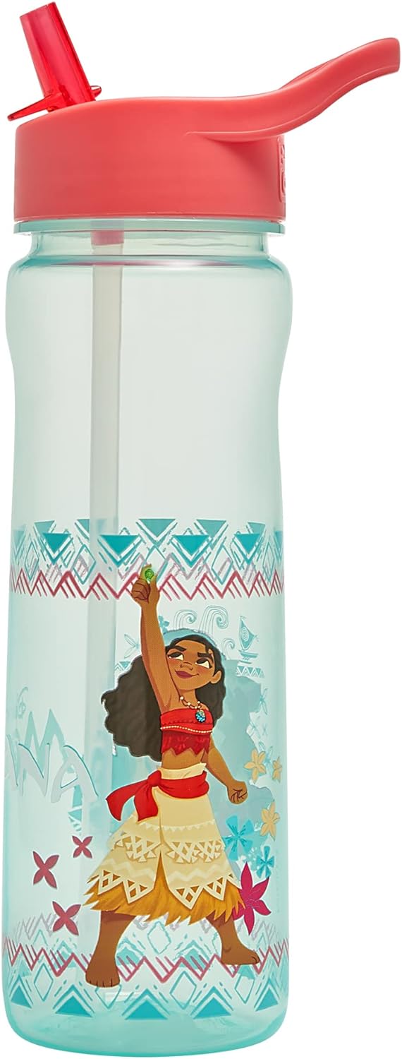 Disney Moana Water Bottle Flip Up Straw 600ml – Official Disney Merchandise Kids Reusable Non Spill - BPA Free - Recyclable Plastic - Ideal For School Nursery Sports Picnic - Turquoise & Pink