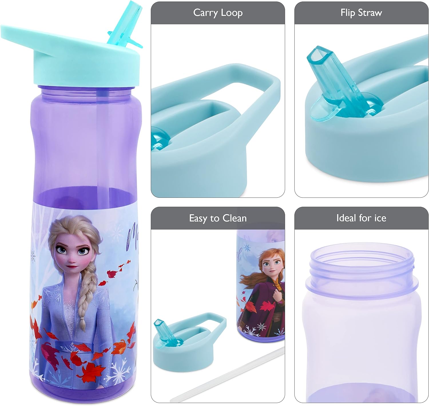 Disney Frozen Water Bottle with Straw – Reusable Kids 600ml PP – in Purple – Official Merchandise by Polar Gear – BPA Free & Recyclable Plastic – for School Nursery Sports Picnic, Multi Colour - Image 2