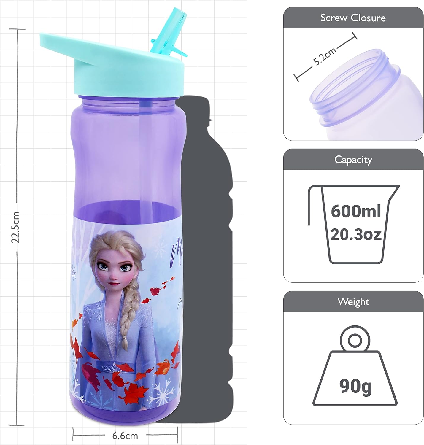 Disney Frozen Water Bottle with Straw – Reusable Kids 600ml PP – in Purple – Official Merchandise by Polar Gear – BPA Free & Recyclable Plastic – for School Nursery Sports Picnic, Multi Colour - Image 3