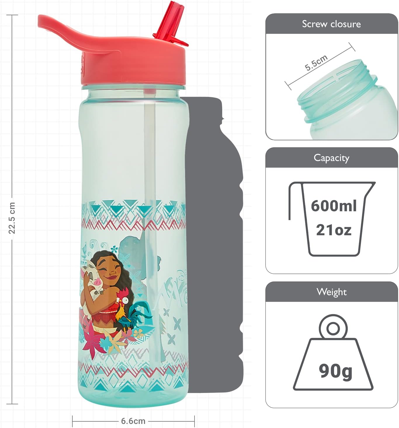 Disney Moana Water Bottle Flip Up Straw 600ml – Official Disney Merchandise Kids Reusable Non Spill - BPA Free - Recyclable Plastic - Ideal For School Nursery Sports Picnic - Turquoise & Pink - Image 3