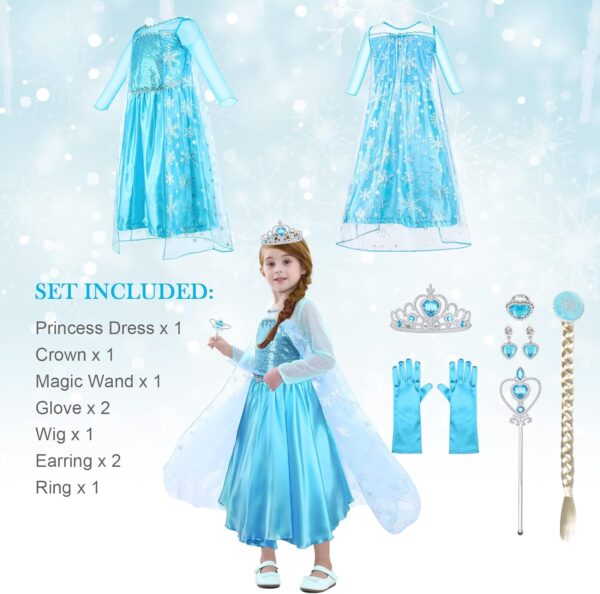 URAQT Elsa Costume Princess Dress, Elsa Dress with Wand and Crown Tiara, Princess Costumes with Elsa Dress Up Accessories for Girls, Girls Fancy Dress for Carnival Birthday Party Halloween Cosplay - Image 4