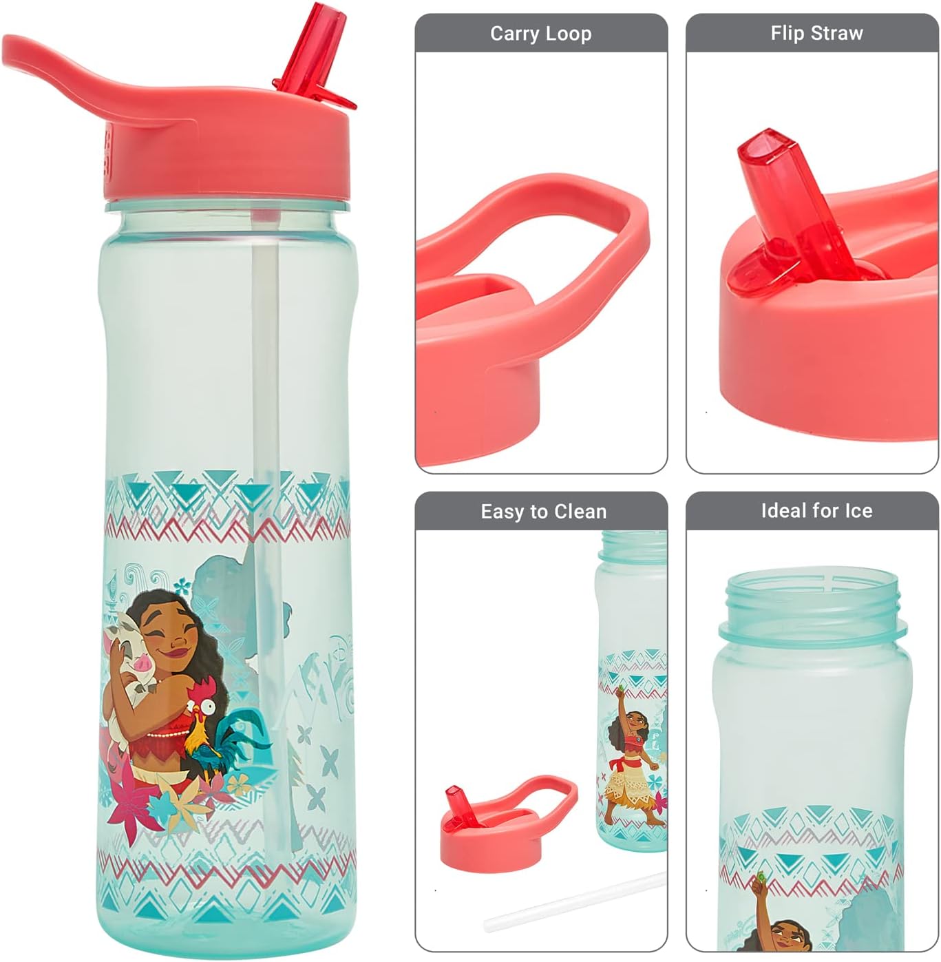 Disney Moana Water Bottle Flip Up Straw 600ml – Official Disney Merchandise Kids Reusable Non Spill - BPA Free - Recyclable Plastic - Ideal For School Nursery Sports Picnic - Turquoise & Pink - Image 2