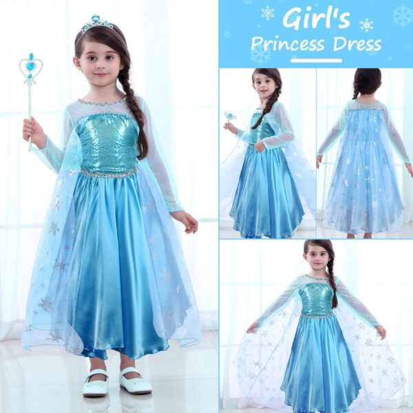 URAQT Elsa Dress, Elsa Princess Costume with Fairy Wand and Crown Tiara, Elsa Anna Dress Up for Girls, Deluxe Girls Fancy Dress for Party Cosplay Bridesmaid Pageant - Image 7