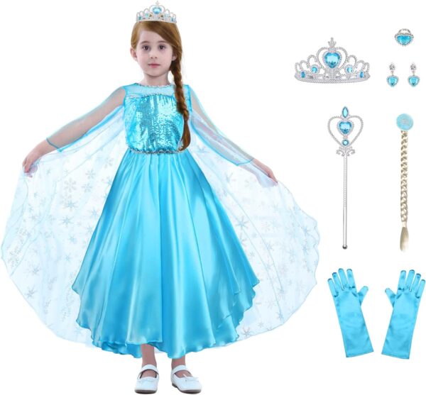 URAQT Elsa Costume Princess Dress, Elsa Dress with Wand and Crown Tiara, Princess Costumes with Elsa Dress Up Accessories for Girls, Girls Fancy Dress for Carnival Birthday Party Halloween Cosplay
