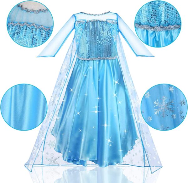 URAQT Elsa Dress, Elsa Princess Costume with Fairy Wand and Crown Tiara, Elsa Anna Dress Up for Girls, Deluxe Girls Fancy Dress for Party Cosplay Bridesmaid Pageant - Image 3