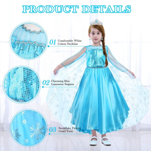 URAQT Elsa Costume Princess Dress, Elsa Dress with Wand and Crown Tiara, Princess Costumes with Elsa Dress Up Accessories for Girls, Girls Fancy Dress for Carnival Birthday Party Halloween Cosplay - Image 3