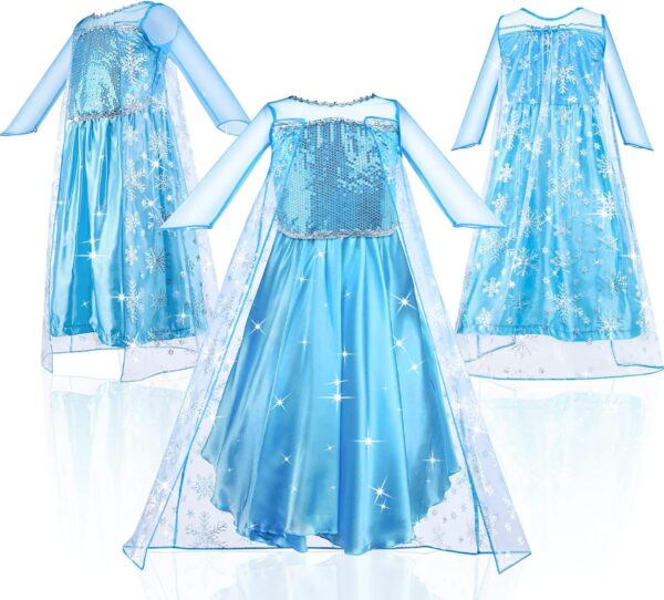 URAQT Elsa Dress, Elsa Princess Costume with Fairy Wand and Crown Tiara, Elsa Anna Dress Up for Girls, Deluxe Girls Fancy Dress for Party Cosplay Bridesmaid Pageant - Image 2