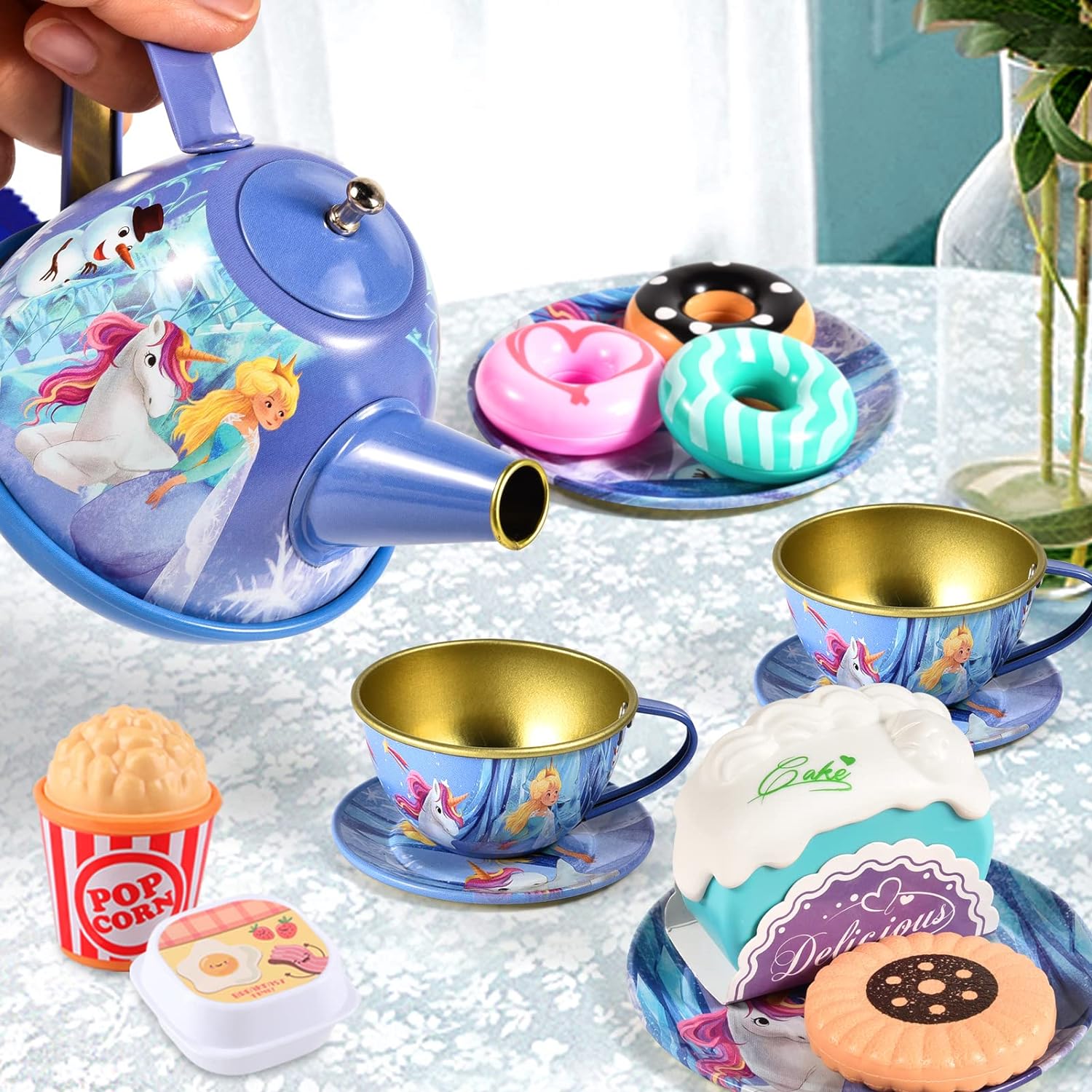 Kids Tea Set for Girls Frozen Toys 49Pcs Frozen Elsa Tin Tea Party Set & Luxury Food Playset & Carry Case Princess Tea Time Kitchen Pretend Play Toys Princess Gift for Toddlers Girls 3 4 5 6 7 Years - Image 6