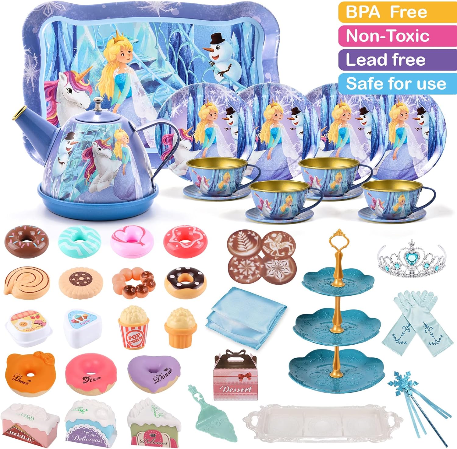Kids Tea Set for Girls Frozen Toys 49Pcs Frozen Elsa Tin Tea Party Set & Luxury Food Playset & Carry Case Princess Tea Time Kitchen Pretend Play Toys Princess Gift for Toddlers Girls 3 4 5 6 7 Years - Image 5