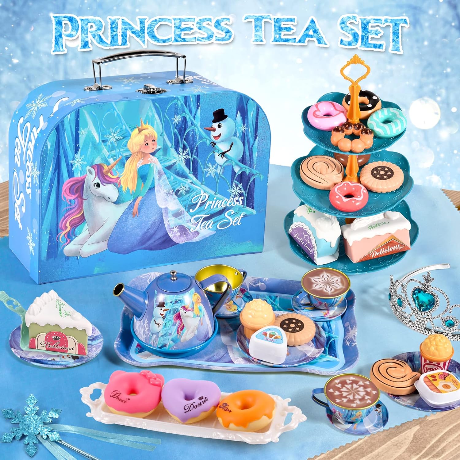 Kids Tea Set for Girls Frozen Toys 49Pcs Frozen Elsa Tin Tea Party Set & Luxury Food Playset & Carry Case Princess Tea Time Kitchen Pretend Play Toys Princess Gift for Toddlers Girls 3 4 5 6 7 Years - Image 2