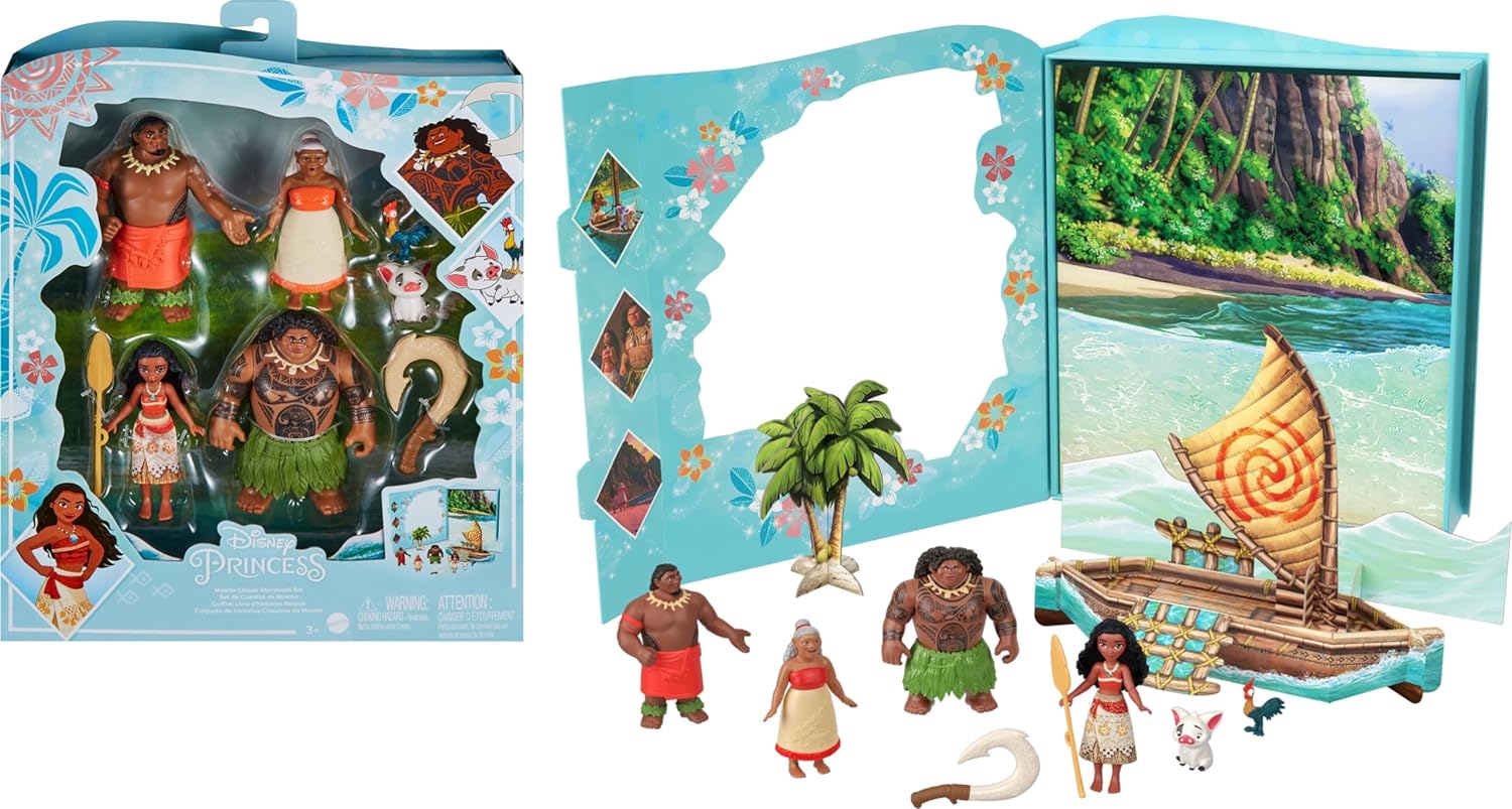 Mattel Disney Princess Toys, Moana Story Pack with 6 Key Characters, Small Dolls, Figures and Accessories Inspired by Disney Movies, Gifts for Kids, HLW90