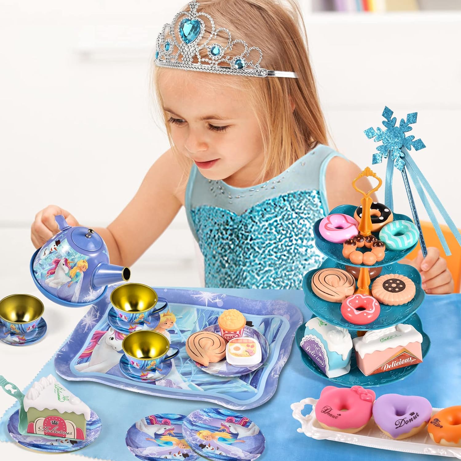 Kids Tea Set for Girls Frozen Toys 49Pcs Frozen Elsa Tin Tea Party Set & Luxury Food Playset & Carry Case Princess Tea Time Kitchen Pretend Play Toys Princess Gift for Toddlers Girls 3 4 5 6 7 Years - Image 4